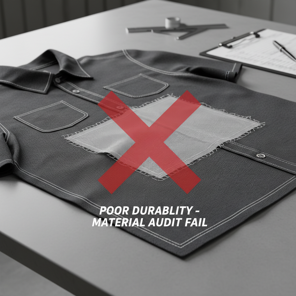 A close-up, highly detailed shot of the weave and stitching on a charcoal gray, heavyweight cotton shirt, with an inset patch of synthetic fabric marked by a bright red overlay to indicate poor durability. The shirt rests on a smooth, matte stone table within a minimalist, organized workspace. Soft, indirect studio lighting bathes the image, highlighting the distinct textures and quality differences between fabrics. The mood is analytical and objective, perfect for scrutinizing detail. Captured at a slight angle for depth, with the rule of thirds guiding composition and the main red indicator drawing immediate attention. The overall style is photographic realism, with clean lines and a corporate, structured feel—perfectly underscoring the precision of material audits.