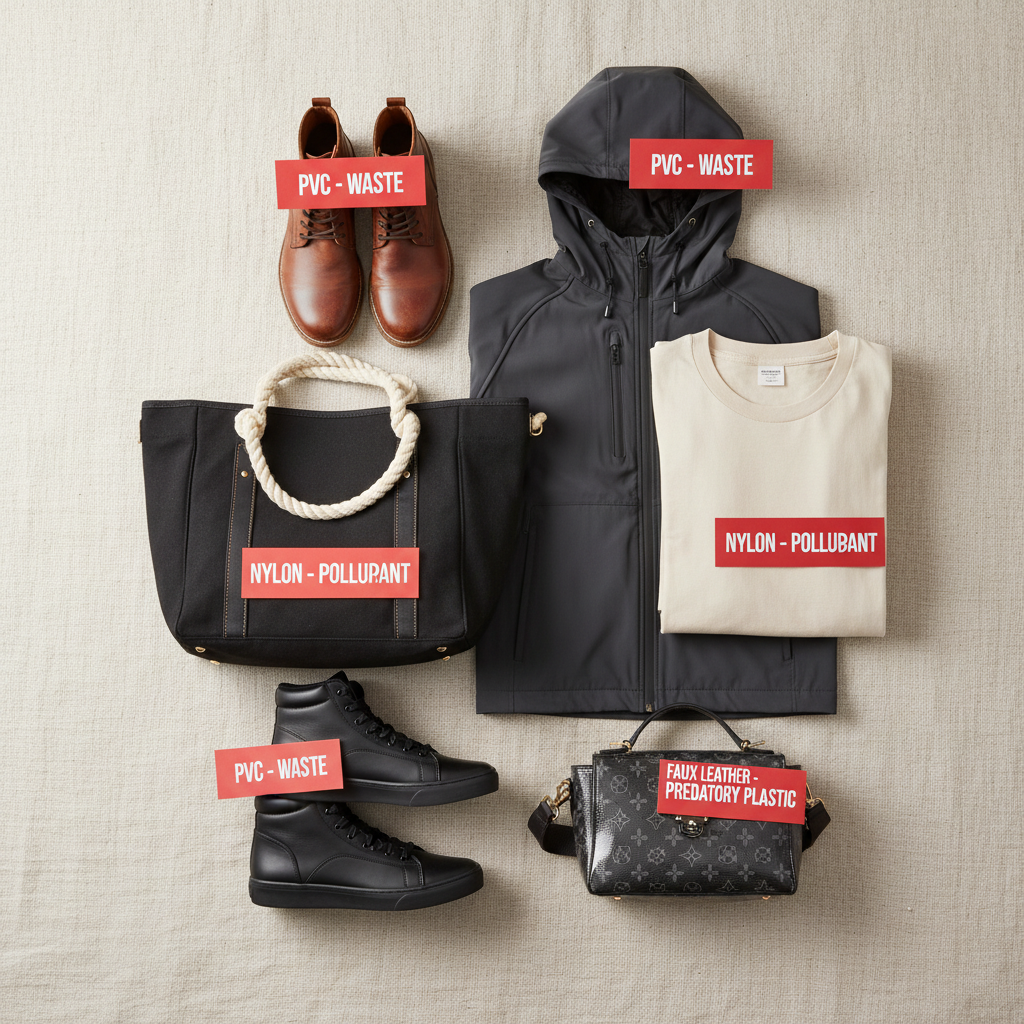 A meticulously arranged selection of clothing, bags, and shoes made from diverse materials like sturdy canvas, supple leather, technical synthetics, and natural cotton, all laid flat against a neutral-toned, textured linen backdrop. The items are labeled with bold red tags marking materials known for wastefulness and predatory quality, immediately catching the eye. Soft, diffused daylight from an unseen side window lends a gentle, even illumination, creating subtle highlights and minimizing harsh shadows. The overall atmosphere is professional and discerning, focusing on quality and detail. Captured from a bird’s-eye view with balanced, structured composition and sharp focus throughout, the image embodies photographic realism and a clean, corporate aesthetic, clearly supporting the site’s mission of transparent material audits.